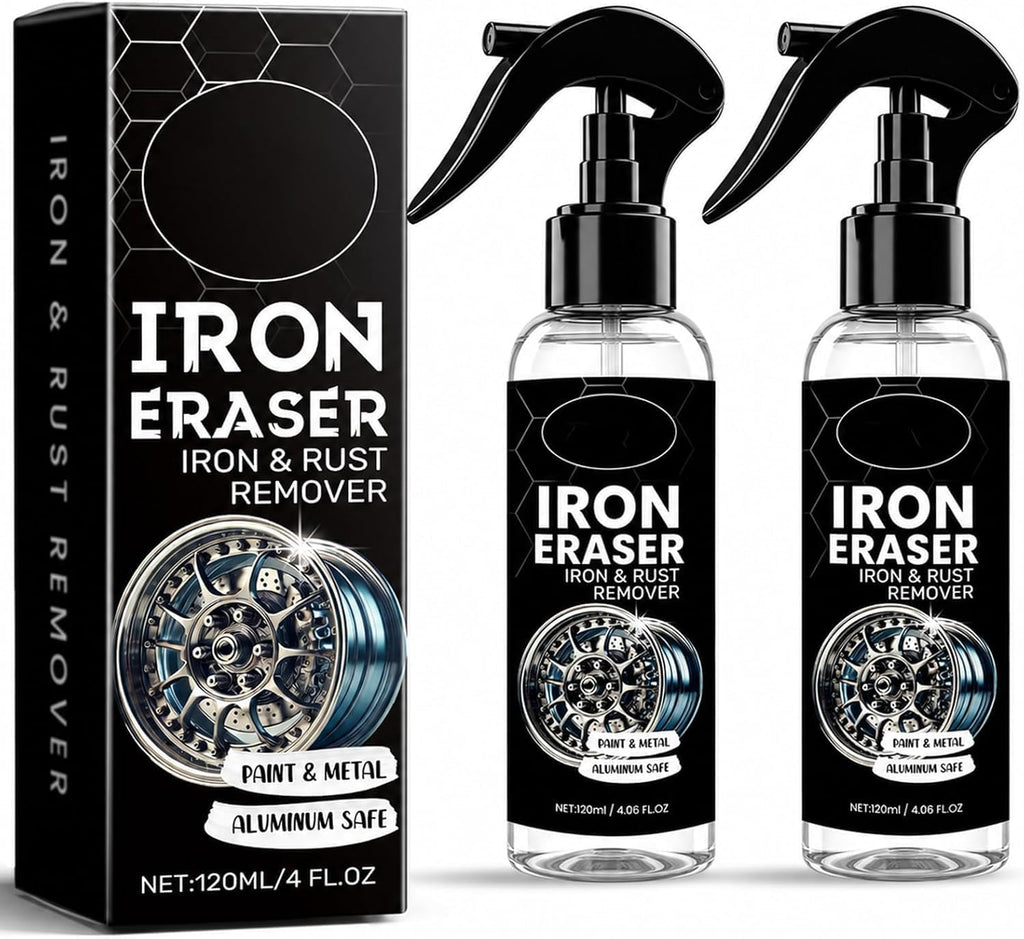 Iron Eraser Rust Remover Spray – Fast Acting Iron &amp; Brake Dust Remover for Car Wheels and Paint, Professional Automotive Surface Cleaner, Iron Powder Remover (2 Pack)