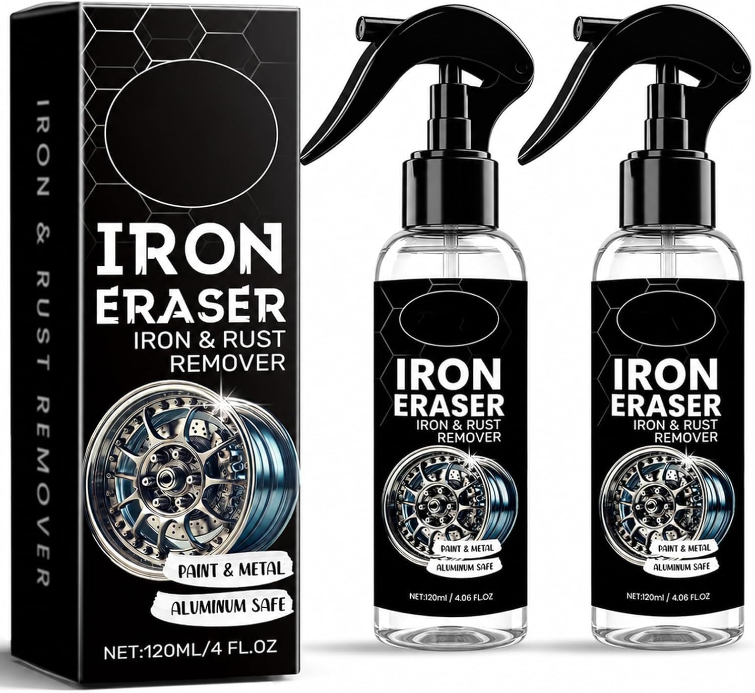 Iron Eraser Rust Remover Spray – Fast Acting Iron &amp; Brake Dust Remover for Car Wheels and Paint, Professional Automotive Surface Cleaner, Iron Powder Remover (2 Pack)