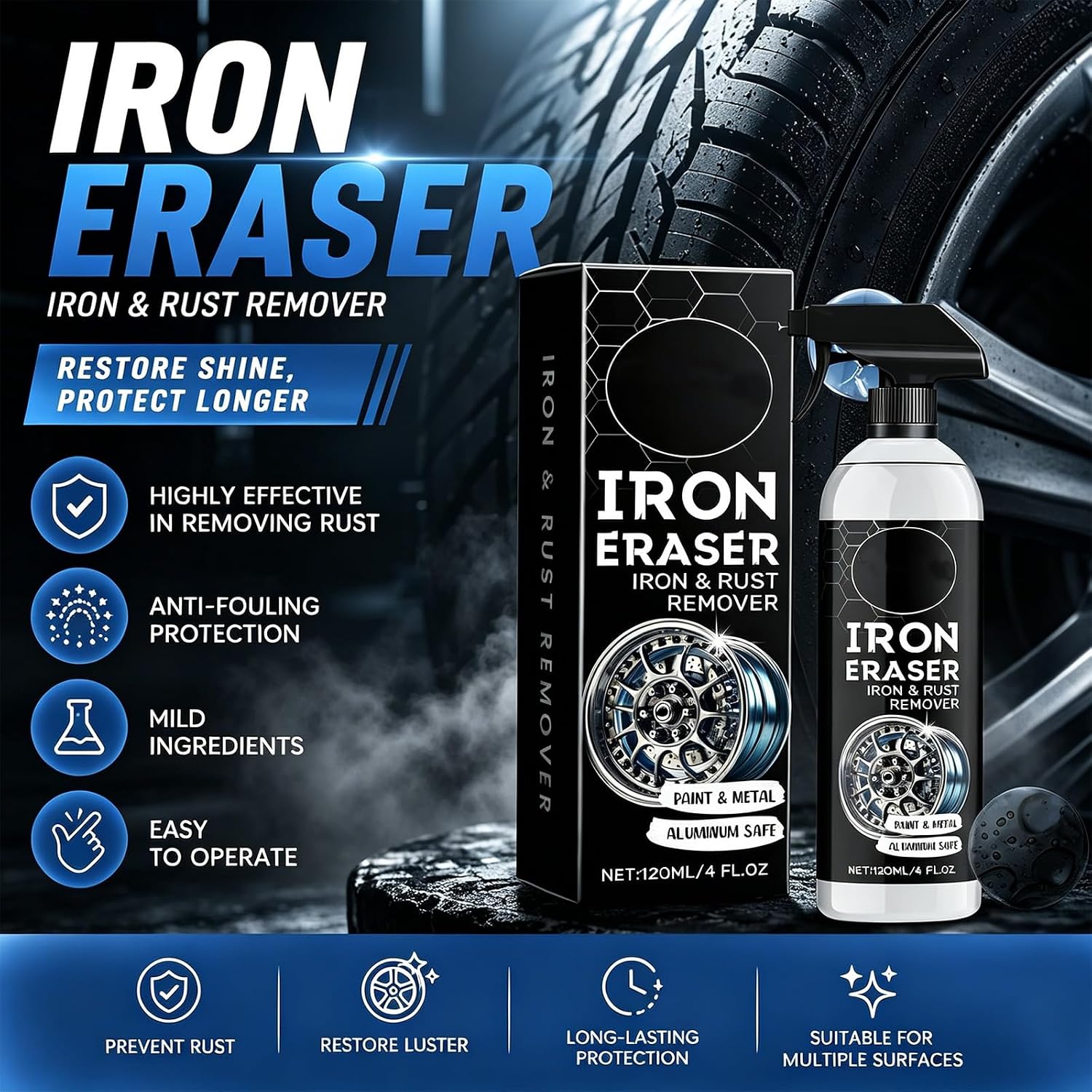 Iron Eraser Rust Remover Spray – Fast Acting Iron &amp; Brake Dust Remover for Car Wheels and Paint, Professional Automotive Surface Cleaner, Iron Powder Remover (2 Pack)