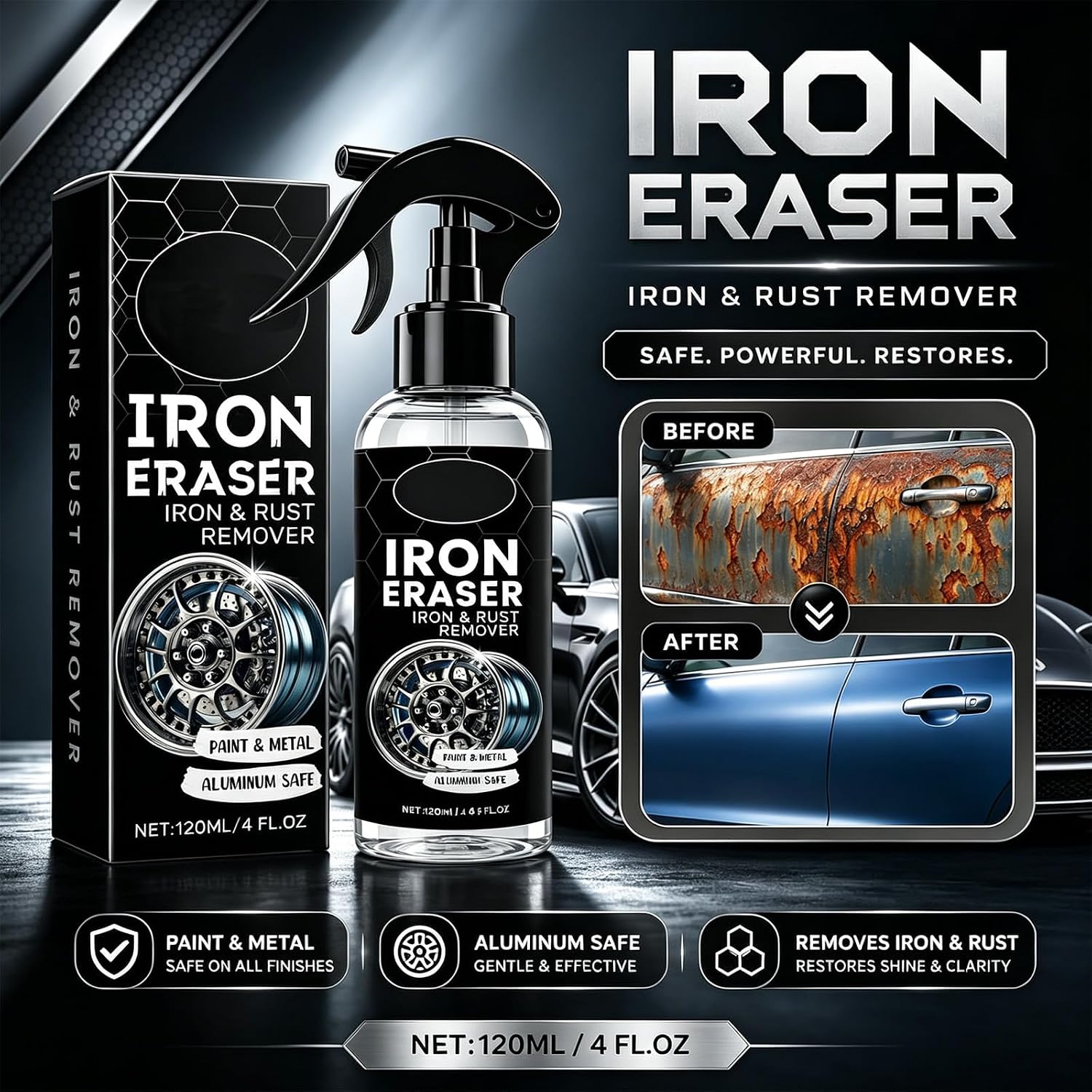 Iron Eraser Rust Remover Spray – Fast Acting Iron &amp; Brake Dust Remover for Car Wheels and Paint, Professional Automotive Surface Cleaner, Iron Powder Remover (2 Pack)