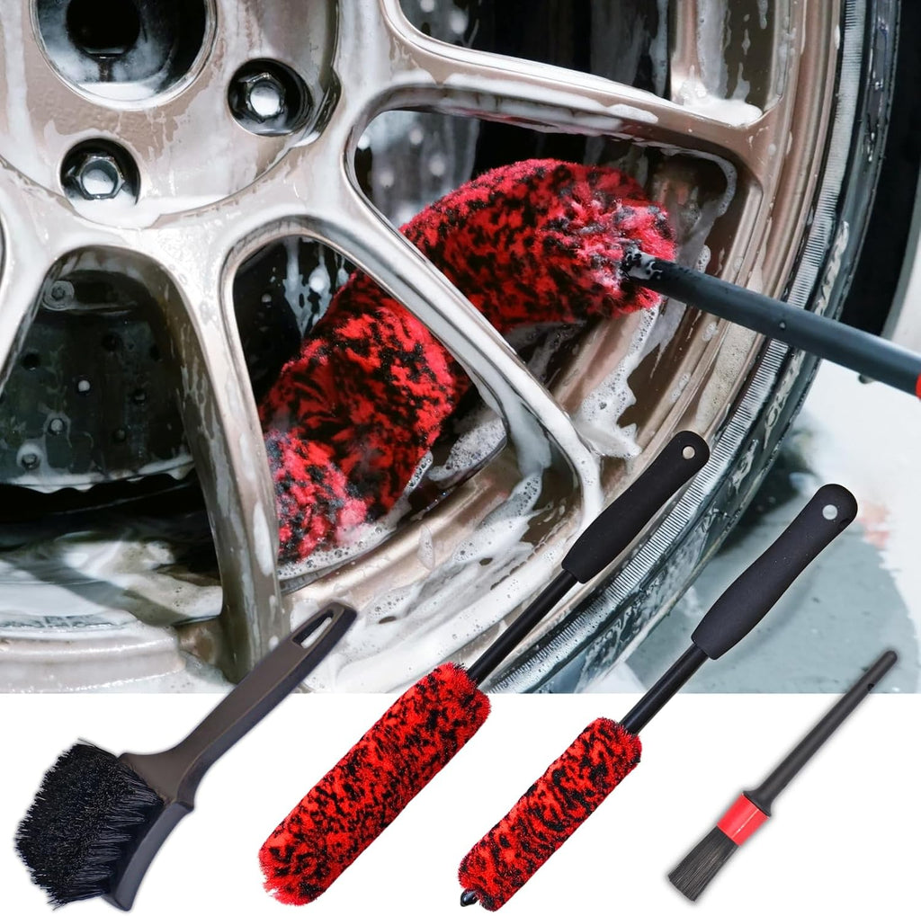 Wheel Brushes for Cleaning Wheels (4 Pro Pack)- 2X Soft Wheel Cleaning Wool Brush, Detailing Brush and Stiff Tire Brush, Scratch Free Durable Car Wheel Rim Brush Kit for Car Rim and Tire Detailing