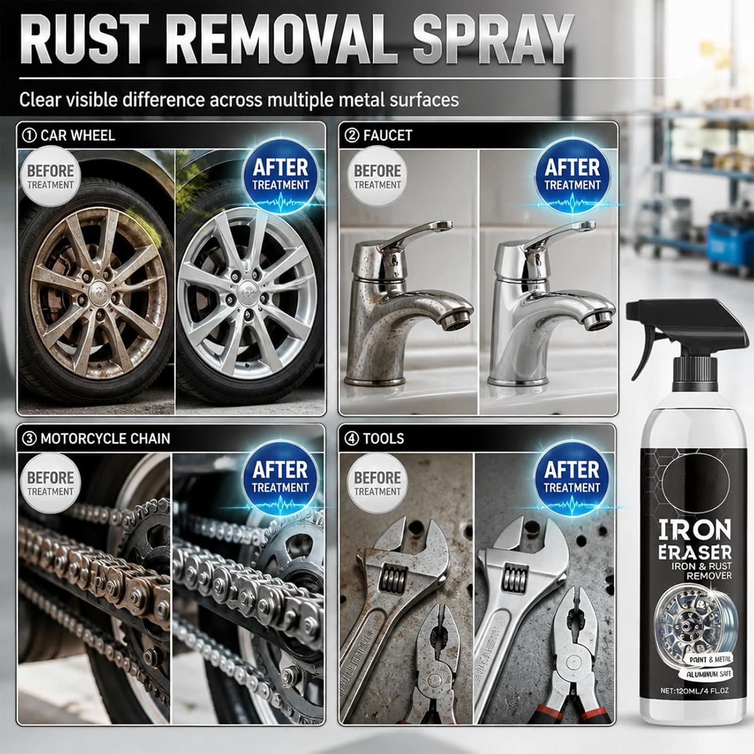 Iron Eraser Rust Remover Spray – Fast Acting Iron &amp; Brake Dust Remover for Car Wheels and Paint, Professional Automotive Surface Cleaner, Iron Powder Remover (2 Pack)